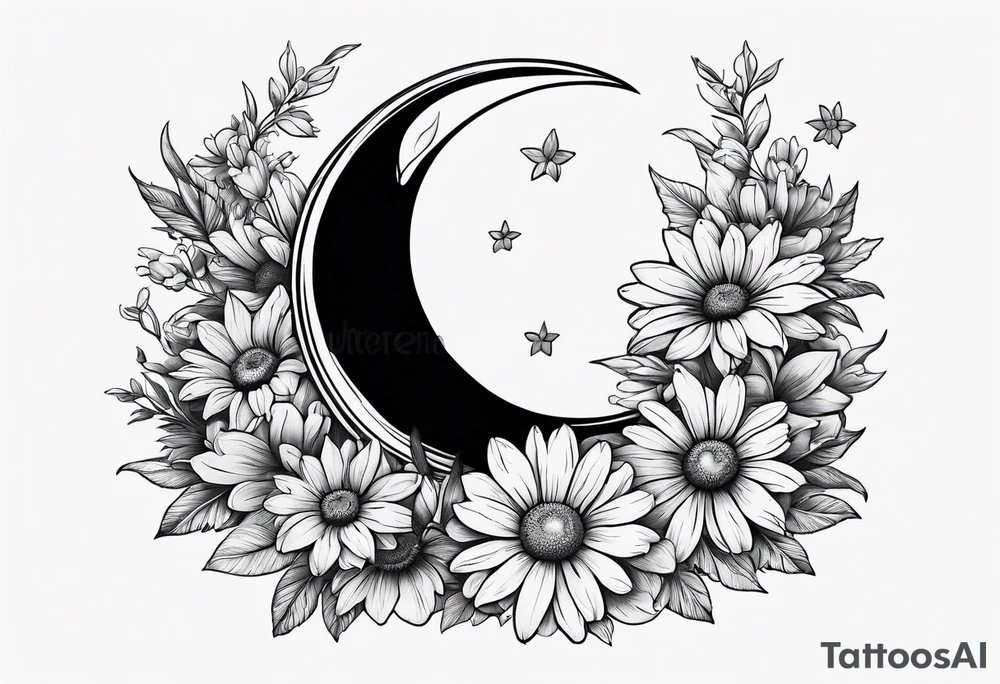 Hand tattoo of a Crescent moon shrouded by beautiful daisies tattoo idea