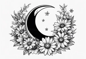 Hand tattoo of a Crescent moon shrouded by beautiful daisies tattoo idea
