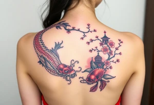 Dragon, coi fish, cherry blossom tree, ying yang, light house, landscape, water tattoo idea