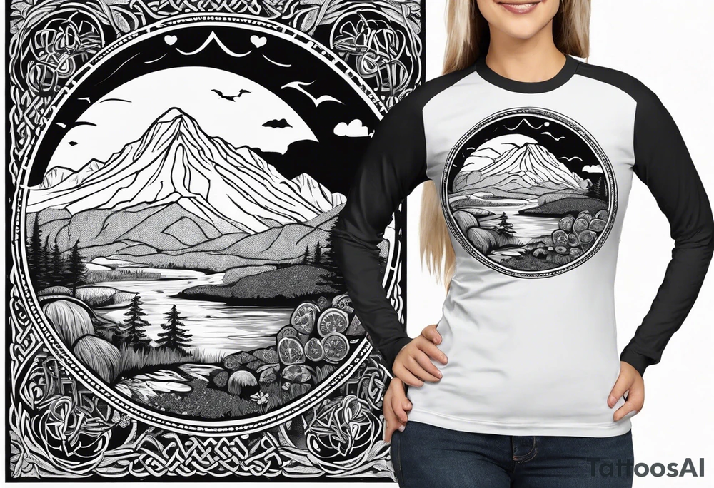 Whole picture encircled fully

Straight long blonde hair hippie girl in distance holding mushrooms in hand facing away toward mountains and creek surrounded by mushrooms long sleeve shirt and hiking pants; whole rendering within a full celtic circle border, no cut off circle tattoo idea