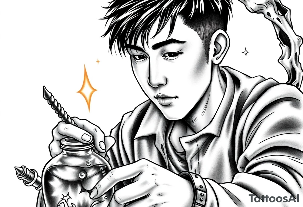 Handsome Asian young adult guy is  accidentally stumbled upon witch tools, supplies, artifacts, potions and exploring it curiously tattoo idea