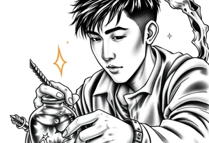 Handsome Asian young adult guy is  accidentally stumbled upon witch tools, supplies, artifacts, potions and exploring it curiously tattoo idea