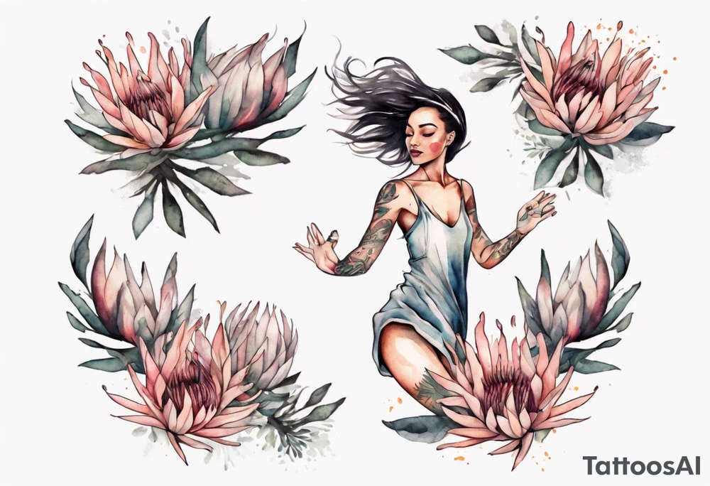 Very feminine tattoo with a woman dancing in a wind of protea flowers tattoo idea