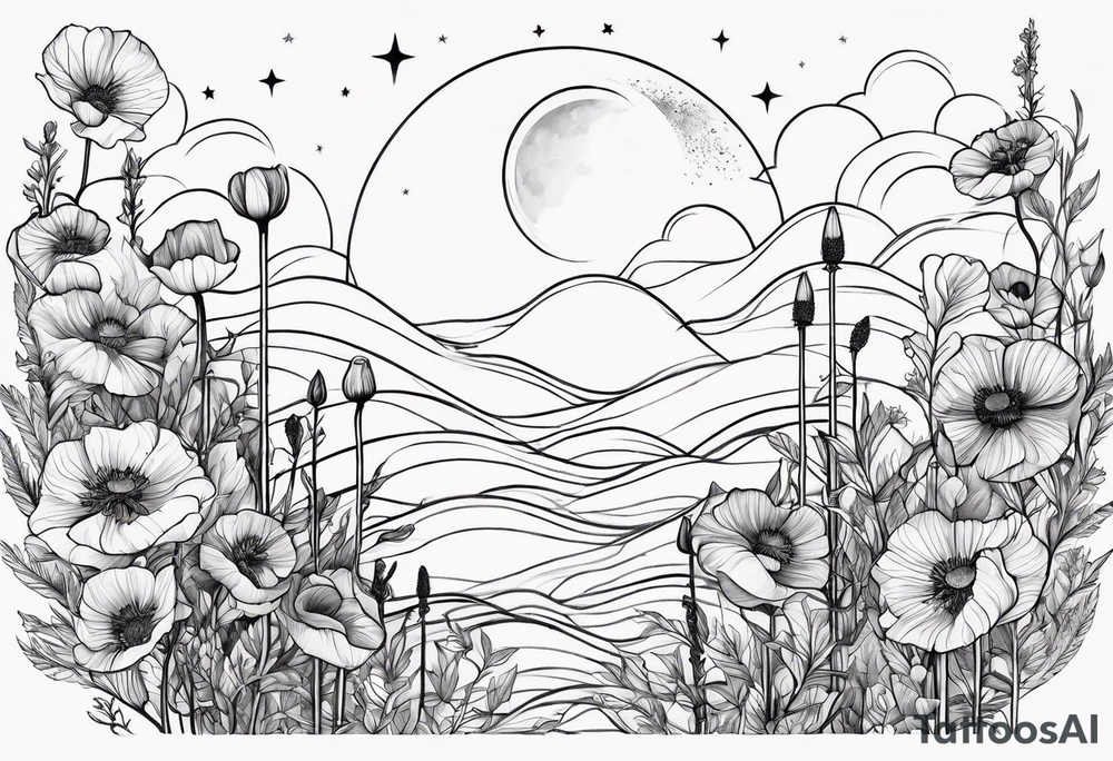 spine tattoo, poppy, stars, moon, cloud, vertical, simple, fine line tattoo idea