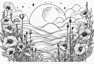 spine tattoo, poppy, stars, moon, cloud, vertical, simple, fine line tattoo idea