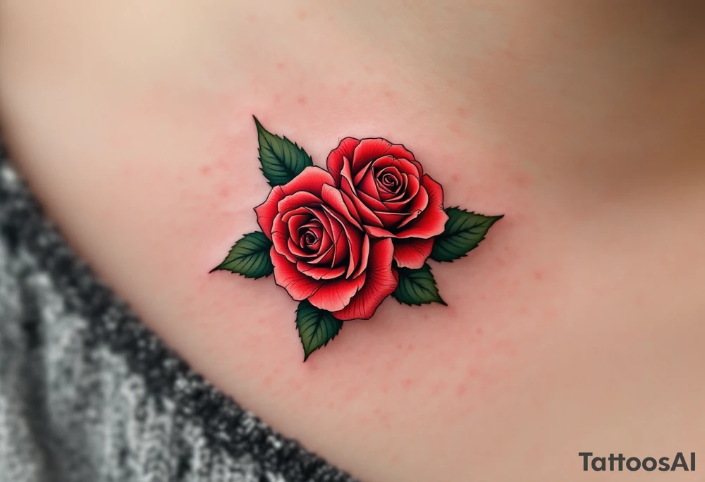 Tiny cluster of three red roses, tightly grouped with dark green leaves, drawn in a micro-realistic style. tattoo idea