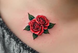 Tiny cluster of three red roses, tightly grouped with dark green leaves, drawn in a micro-realistic style. tattoo idea