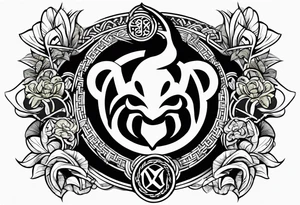mortal kombat symbol with mickey mouse, palm trees and the celtic symbol for family tattoo idea