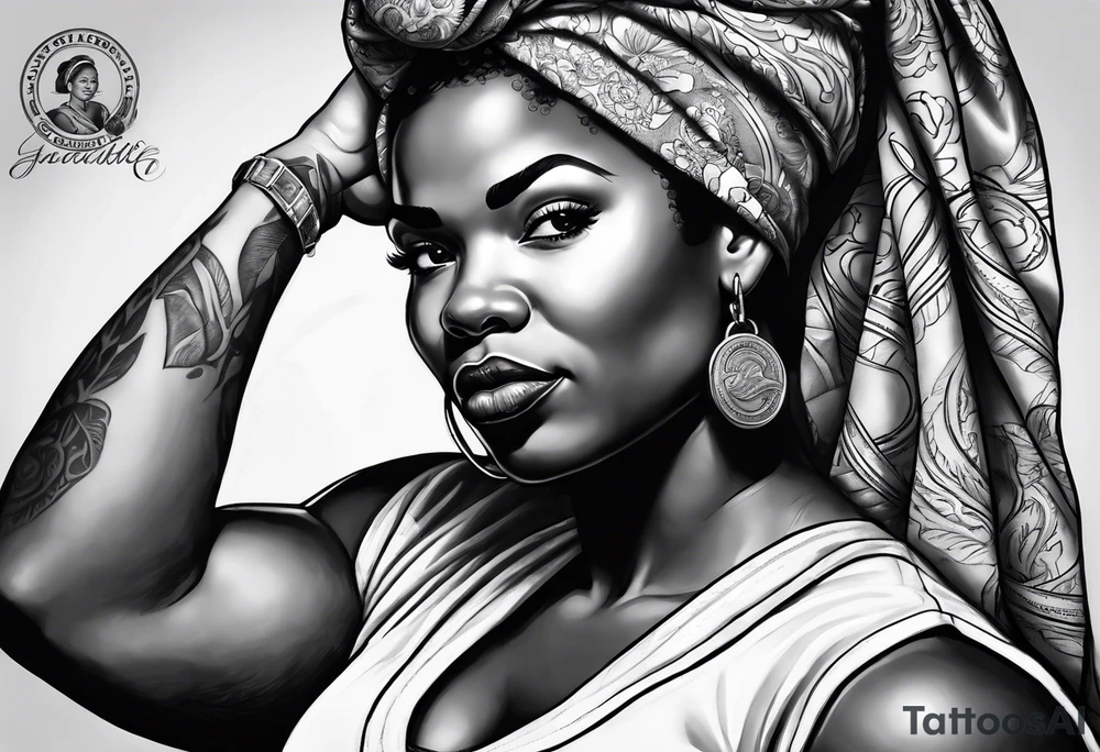 Beautiful black Rosie the riveter, making a muscle, realistic, wearing a bandanna, tied backwards,single mom, perseverance, dedication, loyal, African, strength, matriarch, tattoo idea