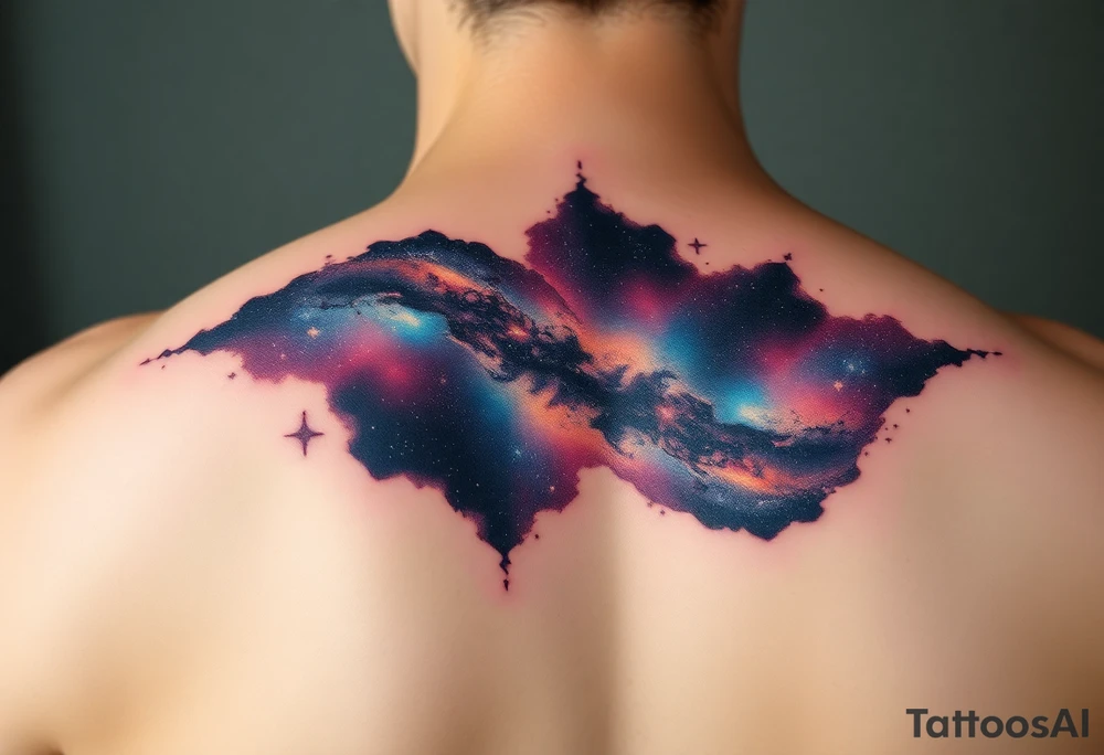 Beautiful and epic 3d milky way that appears to be what is beneath the skin. Make it drape over the shoulder and move to the middle back. use negative spaces to create stars and dust. Incorporate God breathing life into the universe. Keep it symmetrical tattoo idea