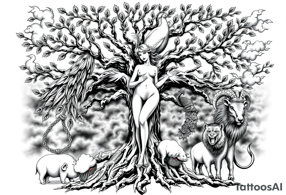 mystical tree of life with cosmic roots and celestial branches fat naked sexy woman , peacock , pig , cupcakes, liquor, cigerette, Storm clouds, pig, peacock , fat sexy naked fat woman, cupcakes, noose , money, goat lion, couple having sex, cigerette storm lightening, killing, darkness death, violent majestic creatures tattoo idea