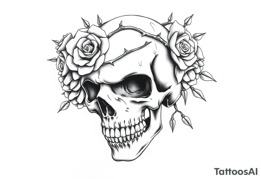 ornate skull adorned with crown of wild roses and thorns tattoo idea