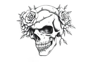 ornate skull adorned with crown of wild roses and thorns tattoo idea