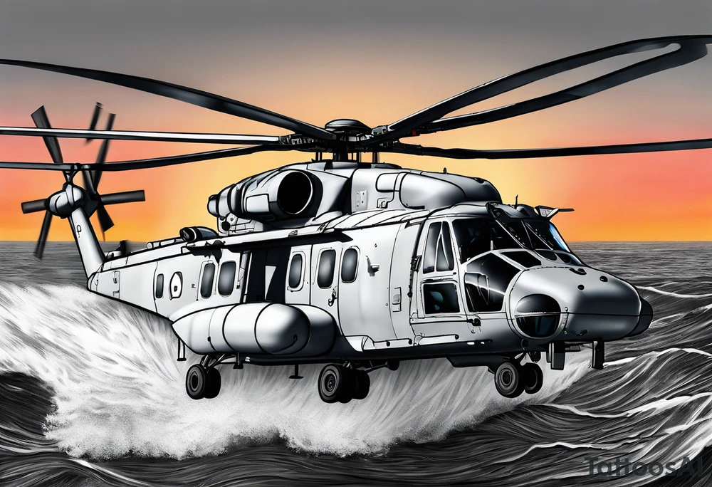 canadian military grey helicopter cyclone CH-148, a helicopter flying over rough water, Clear sky, sunset
, military art, ocean specular, highly detailed background, poppy flower tattoo idea