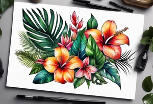 Tropical foliage and blooms tattoo idea