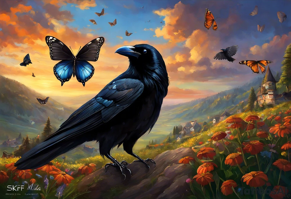 A butterfly flies towards the sky. Below the butterfly, a raven flies towards the sky. 
The butterfly and the raven are the same size
In the background is the name Malia.
In the background is the name SKF.
The number 89 can be seen in the background.
There is also a scorpion in the wing of the butterfly.
This tattoo is black and white and on the arm. tattoo idea