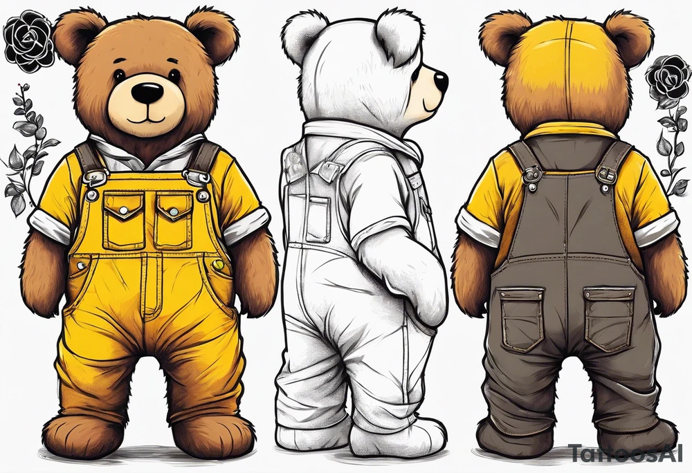 the back of a standing skinny, brown ,
teddy bear in long, yellow overalls tattoo idea