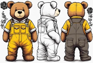 the back of a standing skinny, brown ,
teddy bear in long, yellow overalls tattoo idea