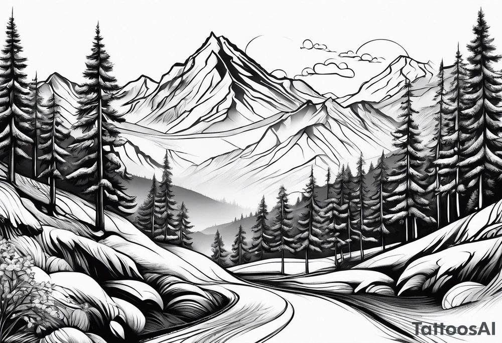 sleeve with trees, mountains and snow skier tattoo idea