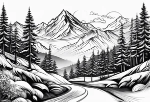 sleeve with trees, mountains and snow skier tattoo idea