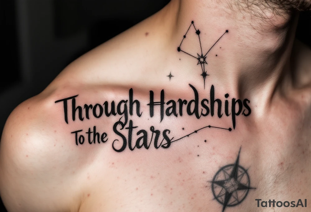 A jet-black serif  “Through Hardships To the Stars”stretches across the collarbone with a constellation in pale gold above it. tattoo idea