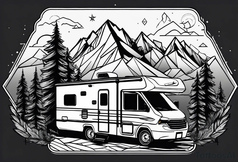 geometric mountains with an rv trailer
and trees tattoo idea
