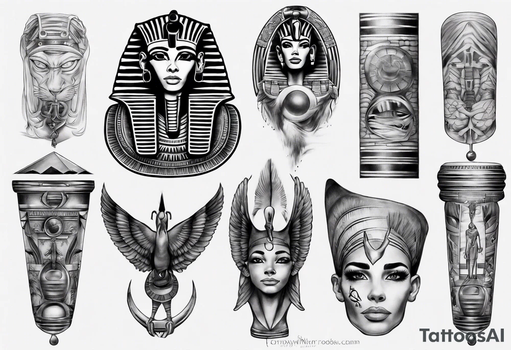 Egyptian sleeve realistic tattoo idea