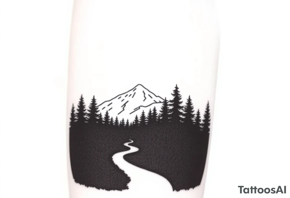 A minimalist design with a narrow path cutting through a dense forest, leading toward snow-capped mountains in the distance. The contrast between the dark woods (from Exile) and the snow-covered mountains (from Out of the Woods) shows the transition from hardship to hope. The path could be subtly winding, suggesting that the way forward is unclear, yet still leading to something more peaceful. tattoo idea