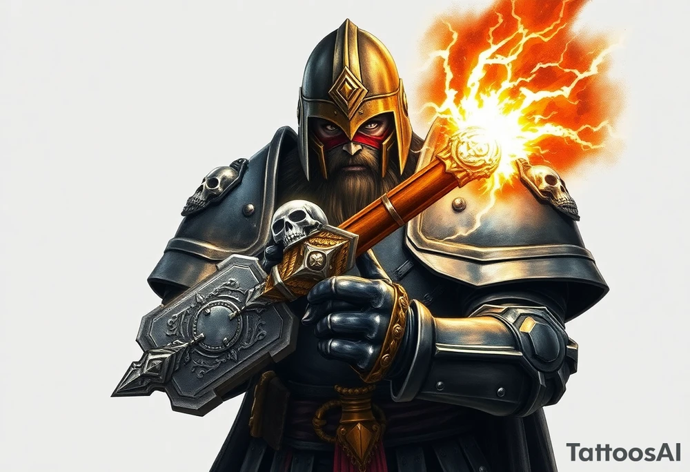 Warhammer, the Old World. A warrior priest of Sigmar holding The Warhammer of Sigmar. The Warhammer of Sigmar is radiating thunderous energy. The Warhammer is held by the warrior priest with both hands at the handle with a firm grip inorder to contain its unlimited energy, upon his chest level. The Warrior priest is wearing dark alloyed heavy armour (reference armor from warhammer vermintide 2 Victor Saltzpyres, the warrior priest of Sigmar class) with skull sigils on his shoulder pads. The warrior priest is wearing a helmet, while the helmets front visor has an humanoid face covering. The helmet and armour are gladened with hints of gold and crimson red. The Warhammer is silverish and golden with a long handle tattoo idea