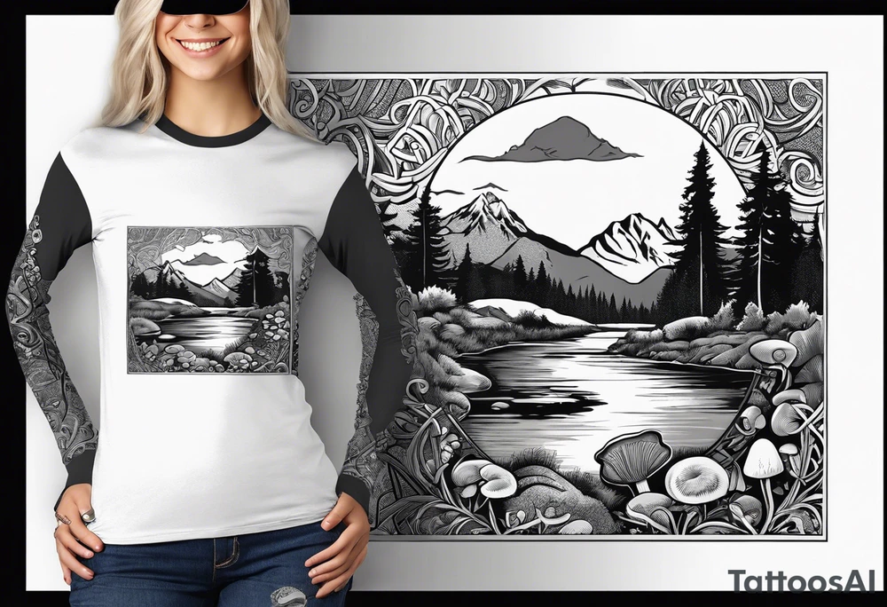 Whole picture encircled fully

Straight long blonde hair hippie girl in distance holding mushrooms in hand facing away toward mountains and creek surrounded by mushrooms long sleeve shirt and hiking pants; whole rendering within a full celtic circle border, no cut off circle tattoo idea