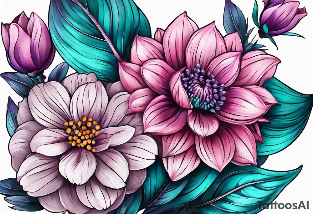 Pink purple flowers with teal leaves tattoo idea