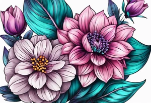 Pink purple flowers with teal leaves tattoo idea