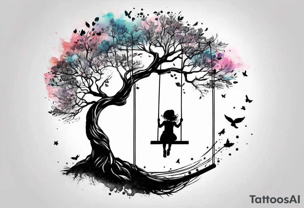 little girl swinging under a tree of life tattoo idea