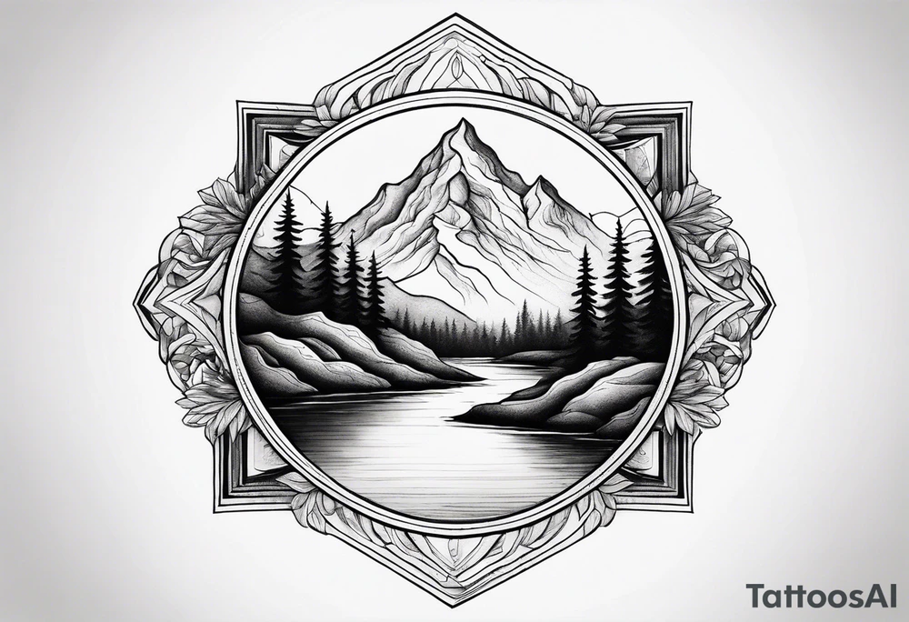 Design a symmetrical tattoo featuring a serene mountain landscape with a winding river and delicate trees, creating a balanced and harmonious composition tattoo idea