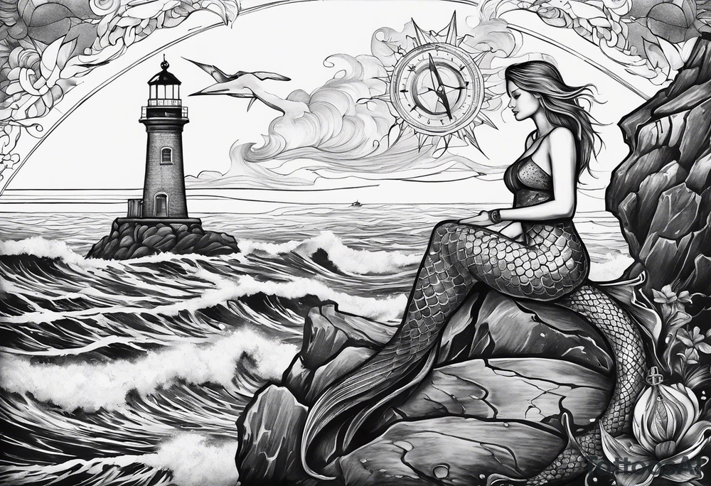 Mermaid sitting on a lighthouse’s rock, vessel in a storm, a compass, a nautical chart tattoo idea