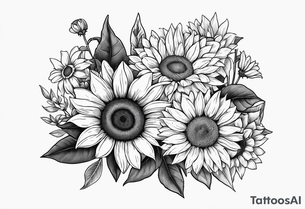 7 leaf pot leaf, daisies, and sunflowers bouquet tattoo idea