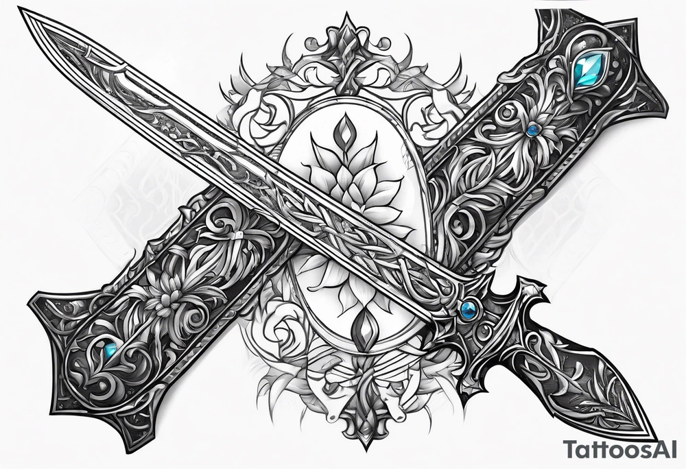 Fantasy sword thin delicate gem tattoo idea