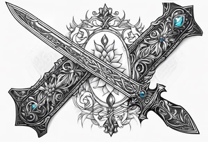 Fantasy sword thin delicate gem tattoo idea