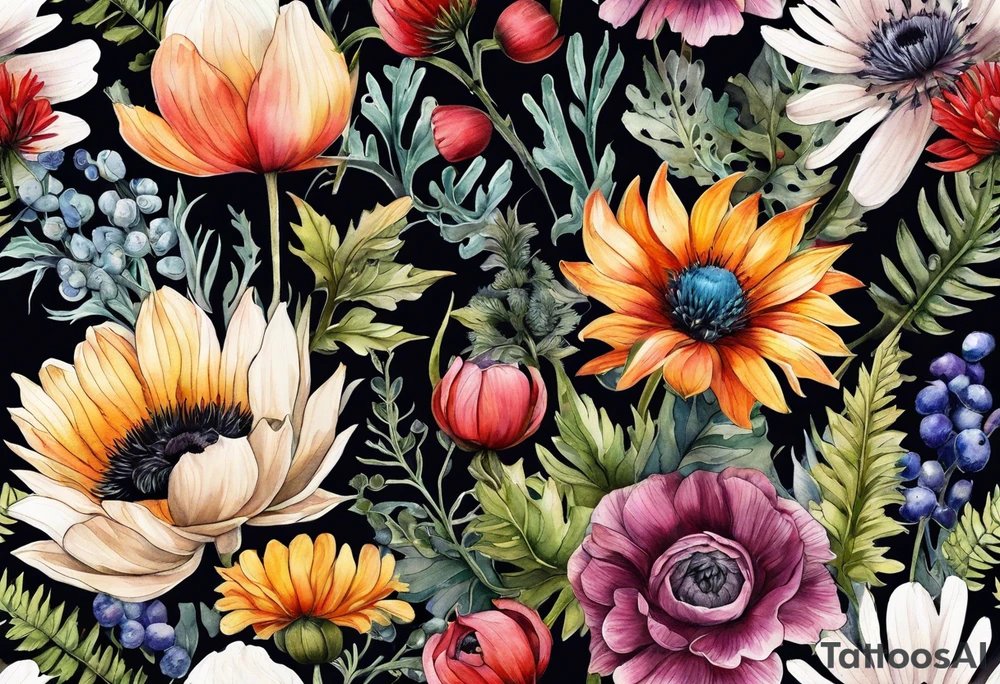 wildflowers with thistles, ferns, ranuculus, white anemones with black center, sun flowers, mixed color flowers and different shapes all in watercolor tattoo idea