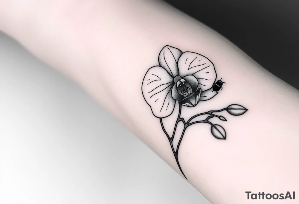 A delicate, black and white fine-line tattoo for male, featuring gracefully detailed 2 orchids in full bloom including their stems, with soft, intricate petals and elegant curves. Beside it, a hummingbird hovers mid-flight, its wings drawn with subtle motion lines, its slender beak reaching toward the orchid’s center to drink its nectar. on the other flower there is a bee that is resting tattoo idea