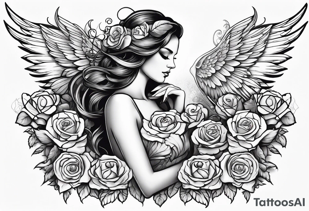 Beautiful woman angle with wings standing surrounded by roses tattoo idea