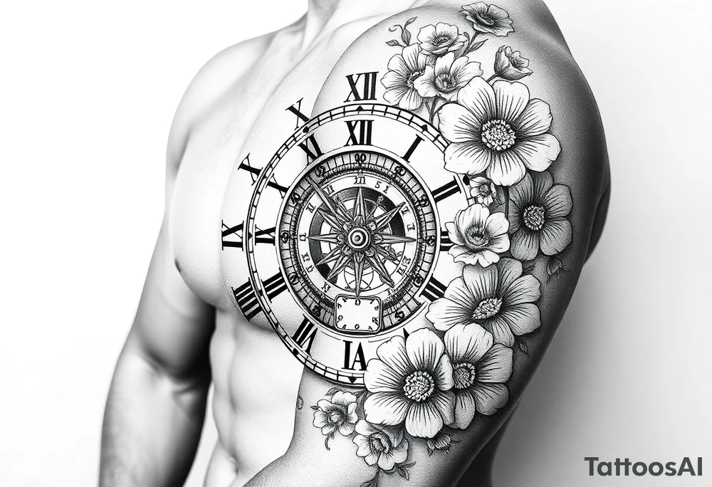 vintage roman numerals within ornate clockwork mechanism, with spaces for names, flowers tattoo idea