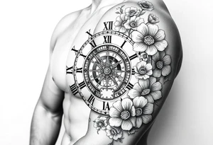 vintage roman numerals within ornate clockwork mechanism, with spaces for names, flowers tattoo idea