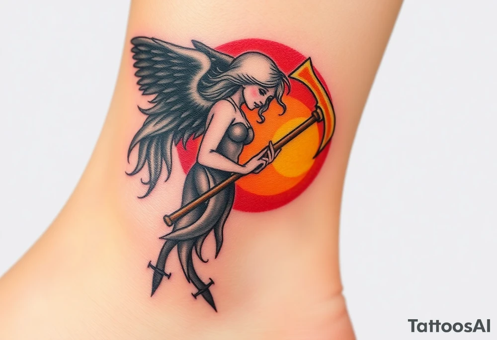 A black-winged angel with flowing silver hair, holding a glowing golden scythe, the background a vibrant mix of red and orange sunset hues. tattoo idea