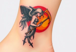 A black-winged angel with flowing silver hair, holding a glowing golden scythe, the background a vibrant mix of red and orange sunset hues. tattoo idea