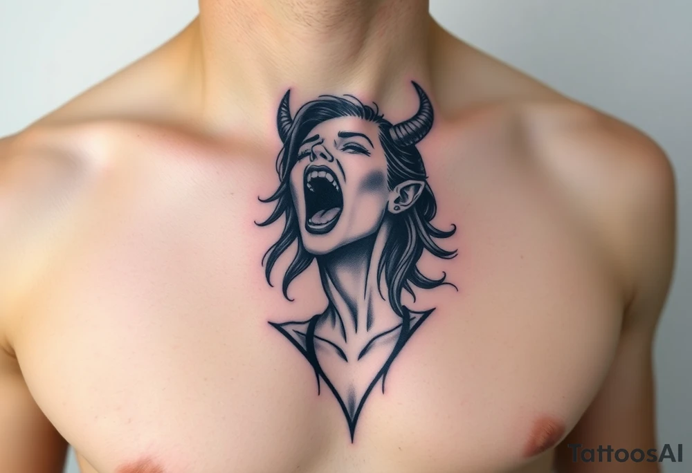 Feminine Tattoo female yelling with horns just barley touching collarbone tattoo idea