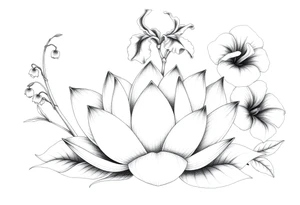 Lotus surrounded by Lilly of the valley on left side iris above and morning glory flowers to the right. tattoo idea