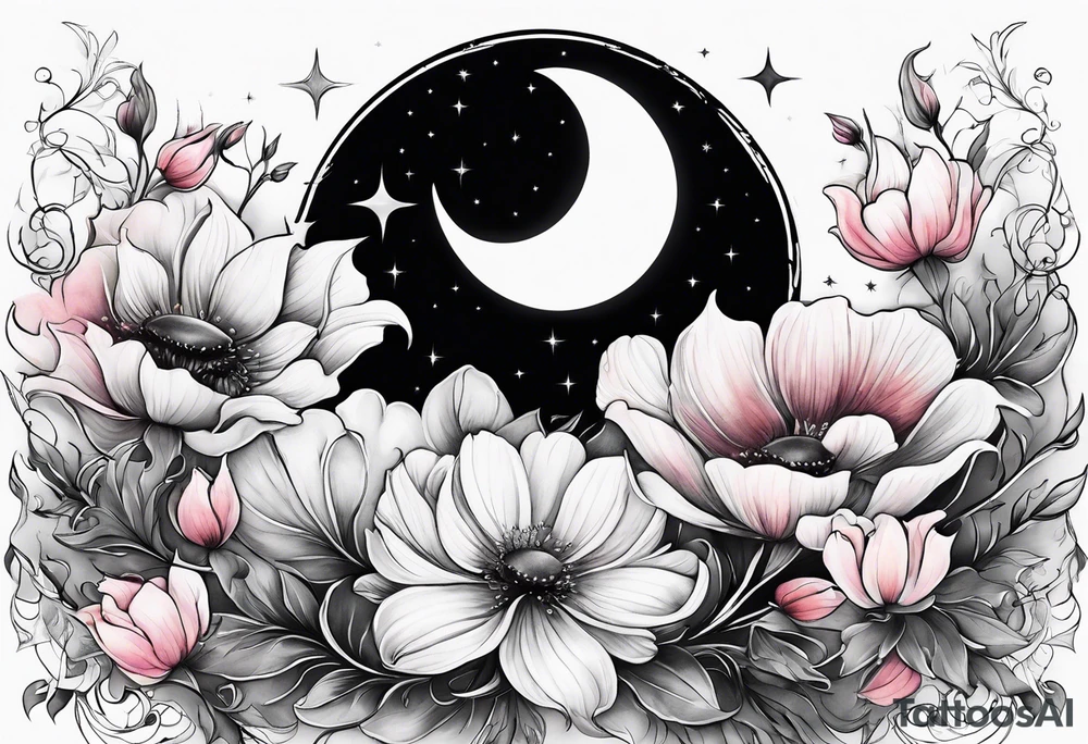 Crescent moon shrouded by beautiful flowers with wisps of mist tattoo idea