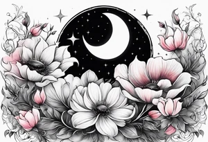 Crescent moon shrouded by beautiful flowers with wisps of mist tattoo idea