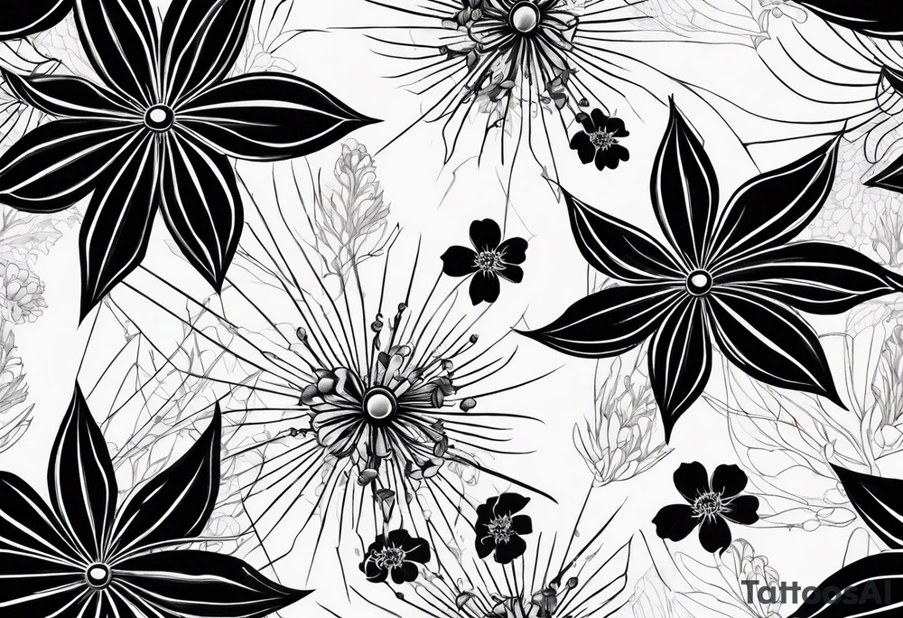 Spiders and black flowers tattoo idea